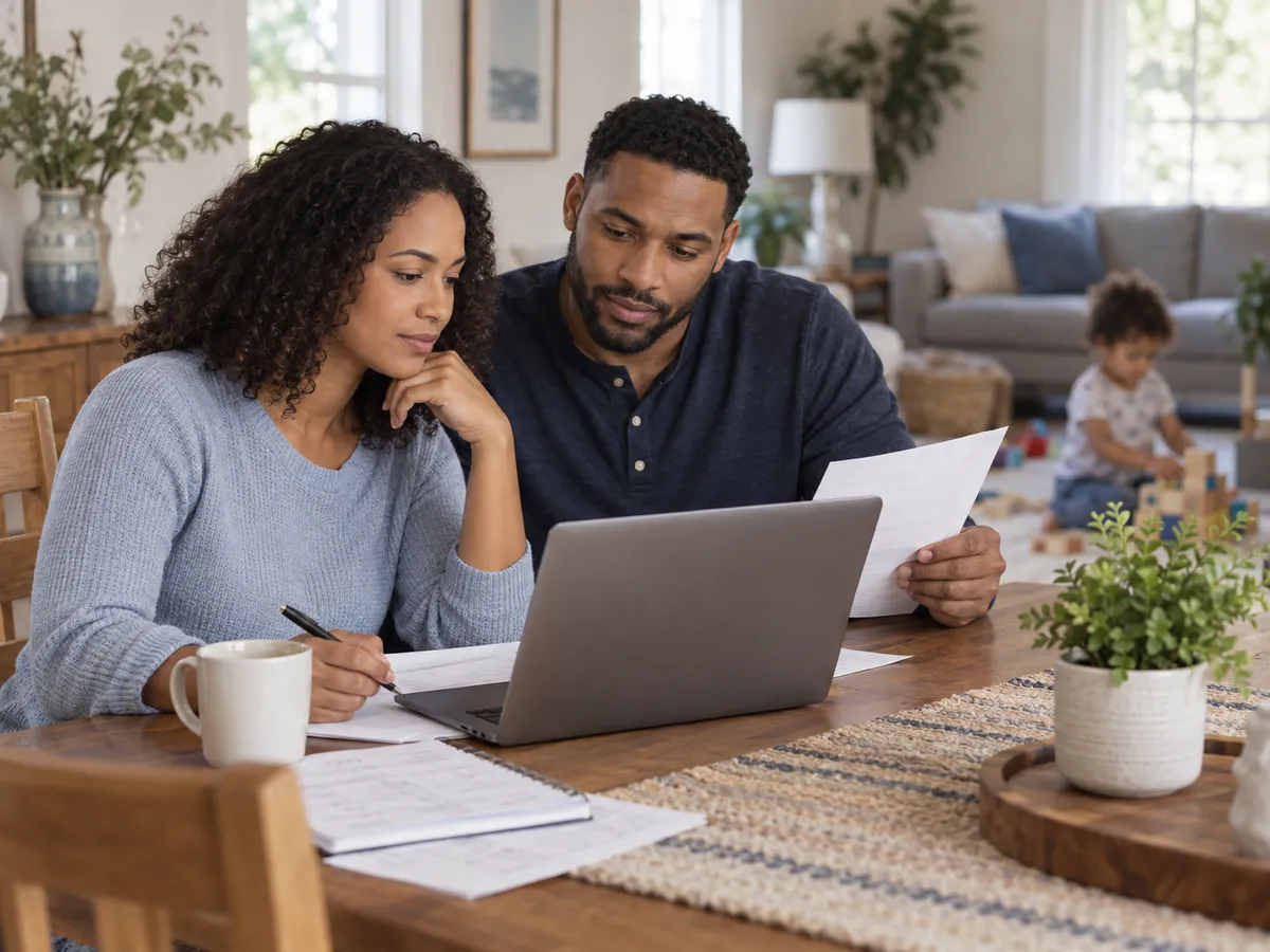Parents reviewing household plans together at a dining table