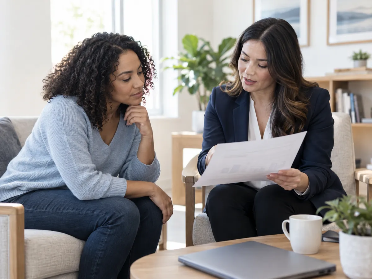 Two adults discussing paperwork together in a bright consultation room