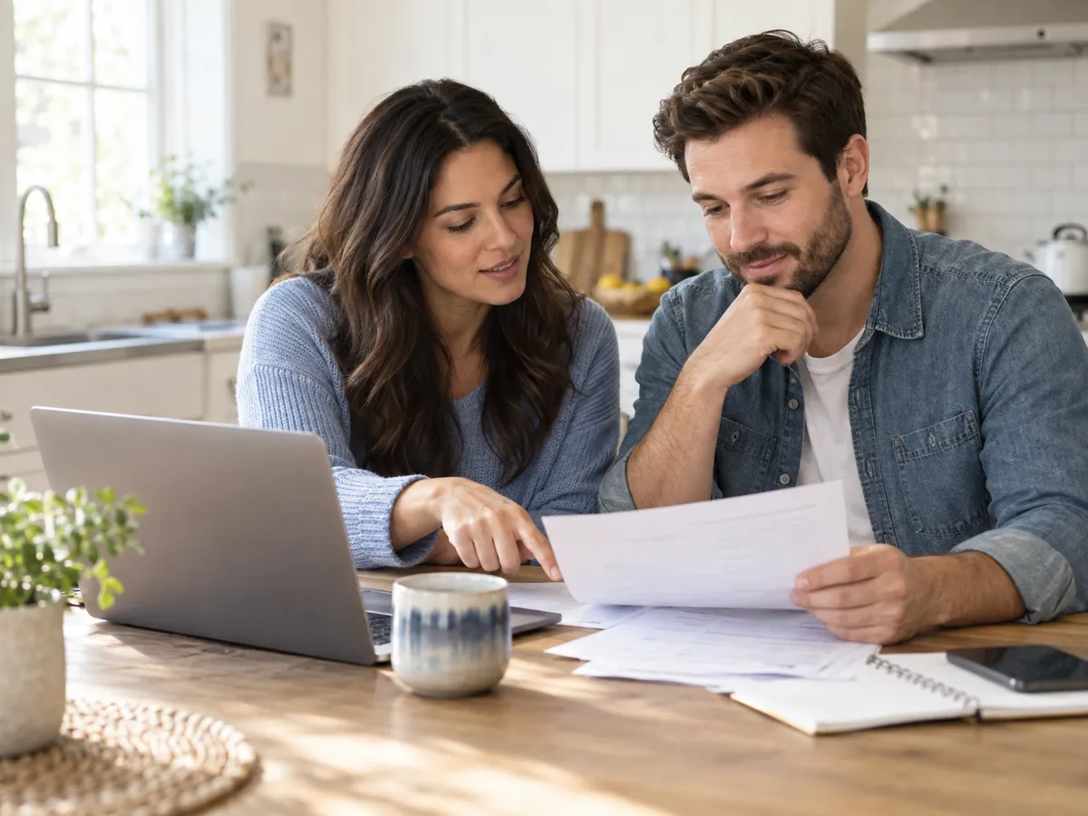 A couple reviewing household paperwork together at their kitchen table